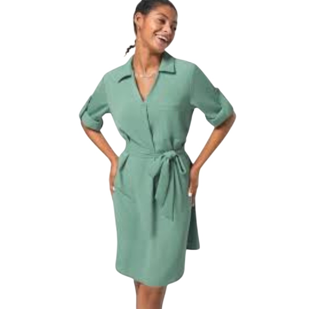 Halara Women M Shirt Dress Green Collared Roll Up Sleeve Belted Relaxed Pocket